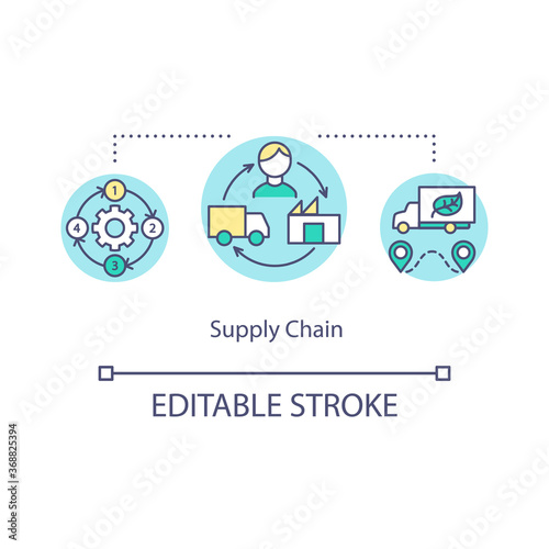 Supply chain concept icon. Manufacturer work from factory to delivery. Industrial system. Production process. idea thin line illustration. Vector isolated outline RGB color drawing. Editable stroke