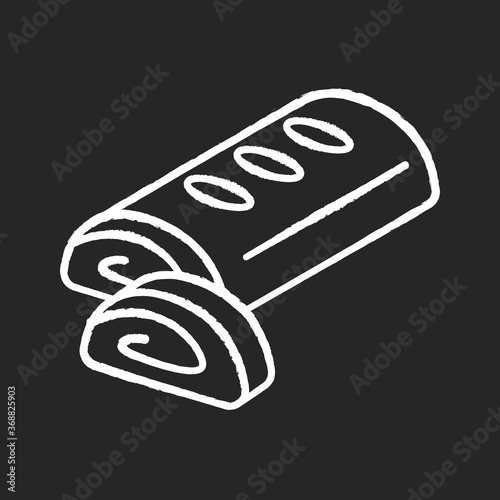 Strudel chalk white icon on black background. Viennese apple strudel. Traditional Austrian pastry. European cuisine. Baked sweets with berries and cherries. Isolated vector chalkboard illustration