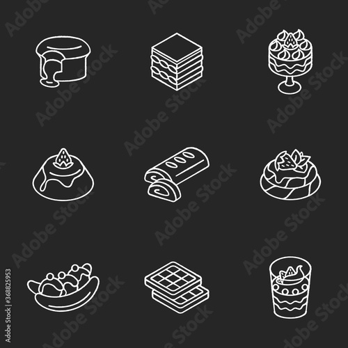 Traditional desserts chalk white icons set on black background. European cuisine. Italian and French sweets. Pavlova. Apple strudel. Belgian waffles. Parfait. Isolated vector chalkboard illustrations