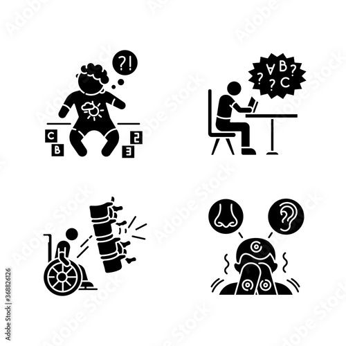 Chronic disease black glyph icons set on white space. Developmental delay. Child with disability. Difficulty with reading from dyslexia. Silhouette symbols. Vector isolated illustration
