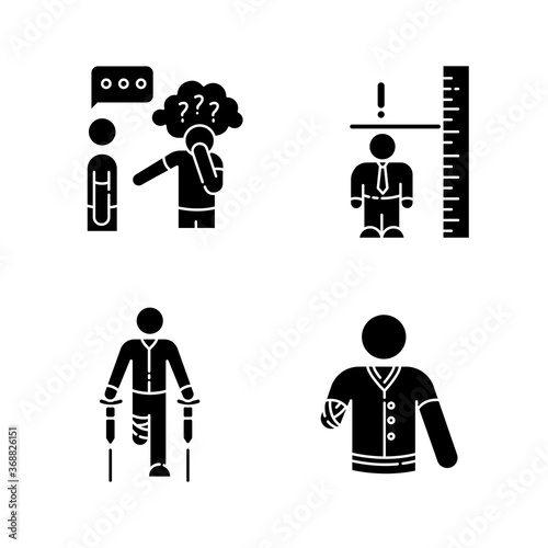 Medical condition black glyph icons set on white space. Asperger syndrome. Difficulty with social interaction. Adult with dwarfism. Leg amputee. Silhouette symbols. Vector isolated illustration