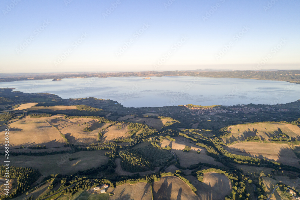 Aerial view of Lake Bolsena. A volcanic lake in Viterbo province