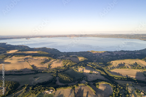Aerial view of Lake Bolsena. A volcanic lake in Viterbo province