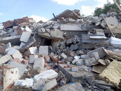 destroyed building, earthquake, pile of rubble and debris, landfill