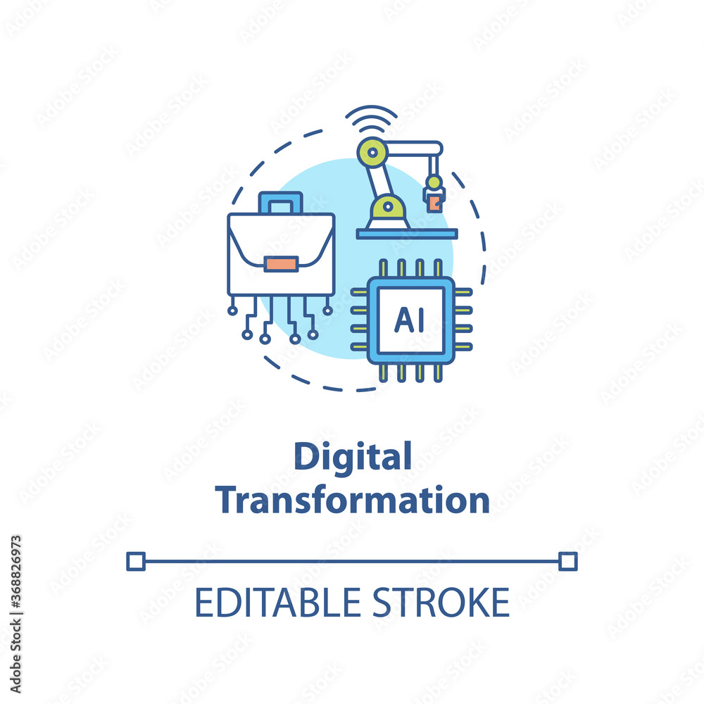 Digital transformation concept icon. Artificial intelligence. Innovative technology. Automatization of factory idea thin line illustration. Vector isolated outline RGB color drawing. Editable stroke Digital transformation concept icon. Artificial intelligence. Innovative technology. Automatization of factory idea thin line illustration. Vector isolated outline RGB color drawing. Editable stroke