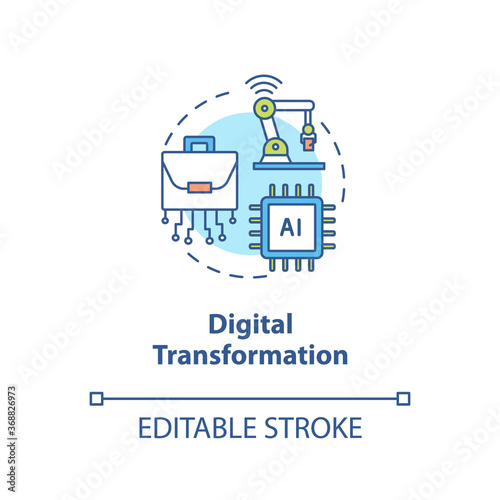 Digital transformation concept icon. Artificial intelligence. Innovative technology. Automatization of factory idea thin line illustration. Vector isolated outline RGB color drawing. Editable stroke