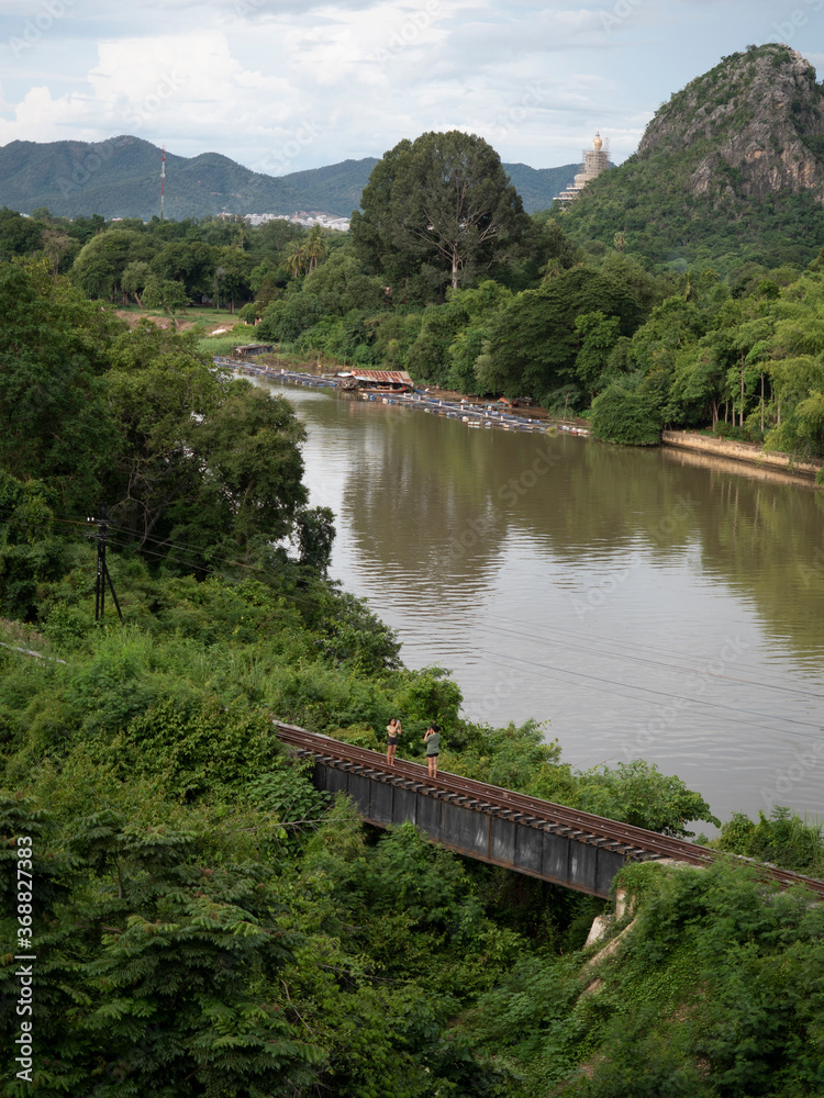 Top view of the old railway over the river Kwai in Kanchanaburi, Thailand Top view of the old railway over the river Kwai in Kanchanaburi, Thailand