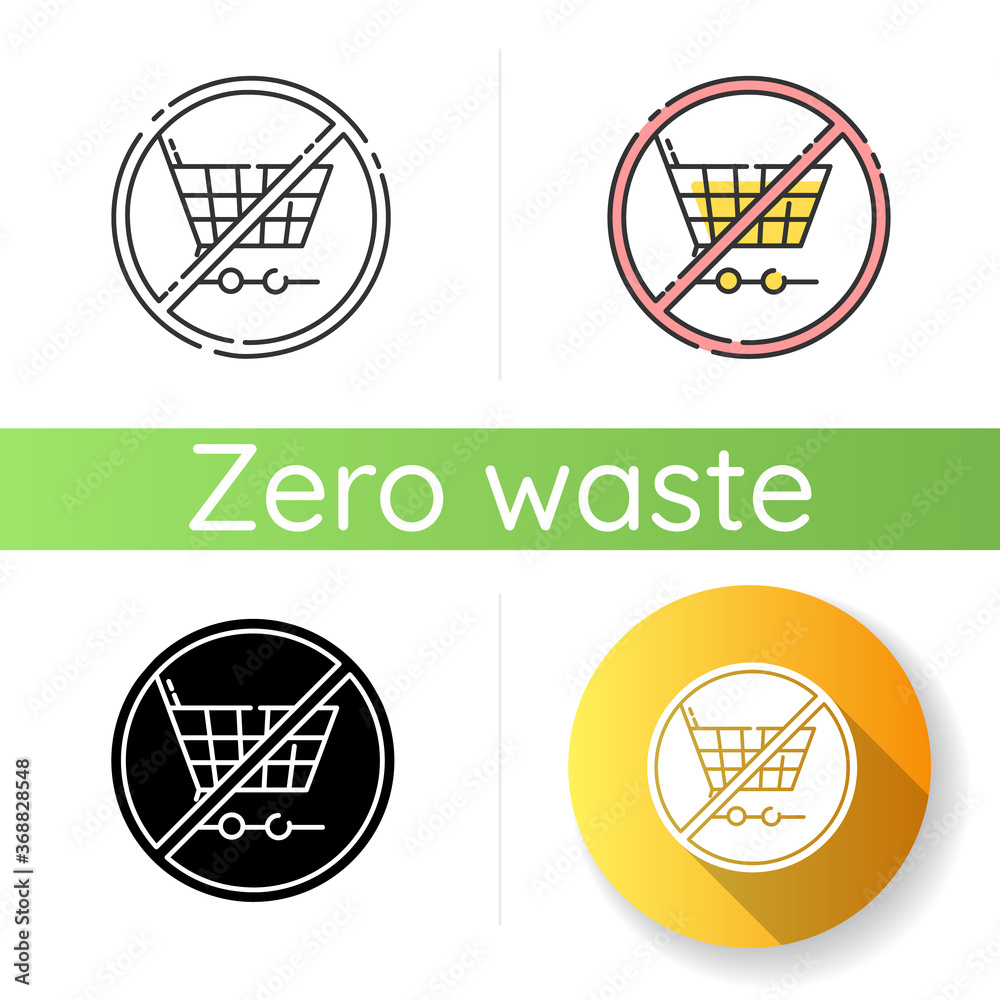 Anti consumerism icon. Linear black and RGB color styles. Sustainable lifestyle advice. Responsible consumption. Shopping restriction. Pushcart with stop sign Isolated vector illustrations