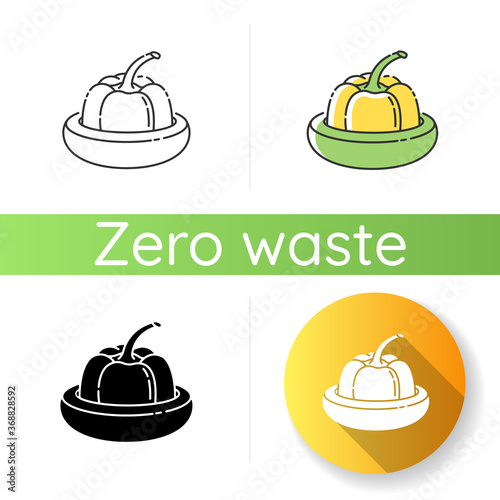 Reusable food saver icon. Linear black and RGB color styles. Zero waste lifestyle, responsible consumption. Round silicone food hugger for fruits and vegetables. Isolated vector illustrations