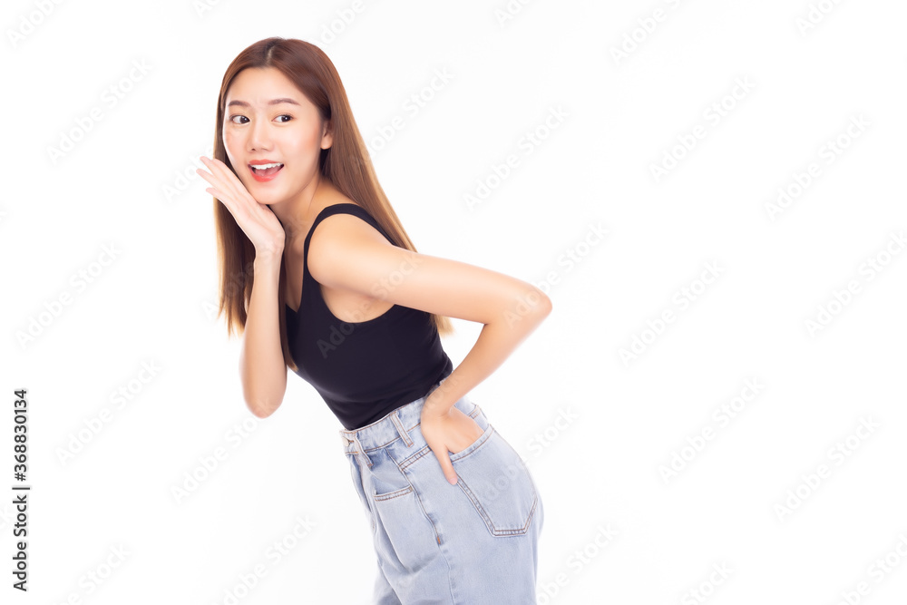 Young Asian pretty woman portrait, Charming beauty woman look at copy space with surprised face. Attractive beautiful female wear jeans. Gorgeous girl has long hair with brunette hair with smile face