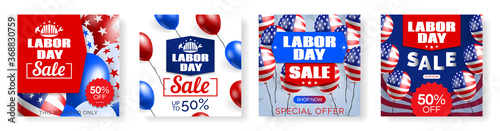 American labor day sale square web banners design set for social media vector illustration