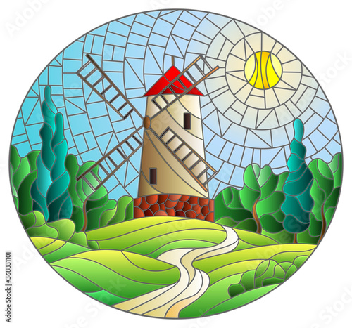 The image in the stained glass style landscape with a  windmill on a background of sky and sun, oval image