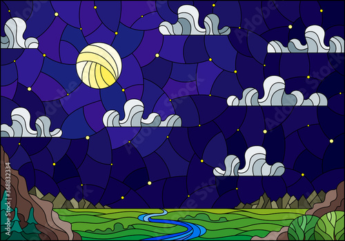 Illustration in stained glass style with the meandering river on a background of mountains, forests starry sky and moon
