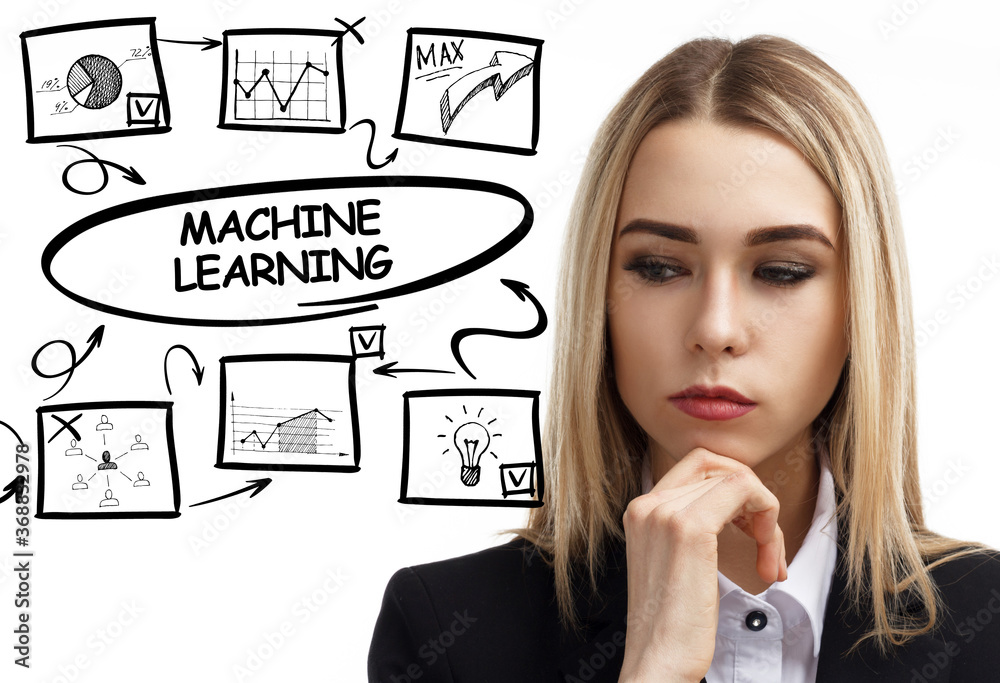 Business, technology, internet and network concept. Young businessman thinks over the steps for successful growth: Machine learning Business, technology, internet and network concept. Young businessman thinks over the steps for successful growth: Machine learning