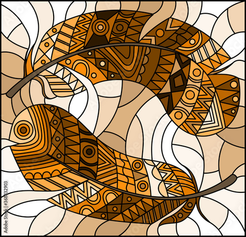 Illustration in stained glass style with patterned feathers on a light background, tone brown, sepia