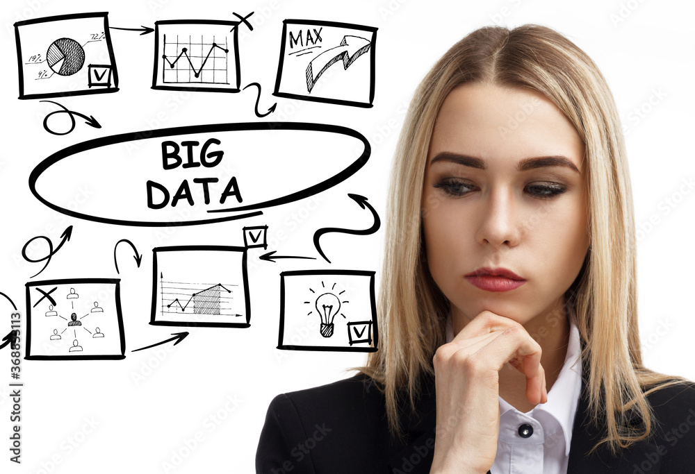 Business, technology, internet and network concept. Young businessman thinks over the steps for successful growth: Big data Business, technology, internet and network concept. Young businessman thinks over the steps for successful growth: Big data
