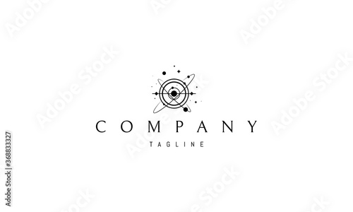 Vector logo on which an abstract image of the space landscape in the form of plpnets, stars and orbits.