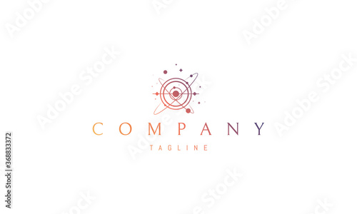 Vector color logo on which an abstract image of the space landscape in the form of plpnets, stars and orbits.