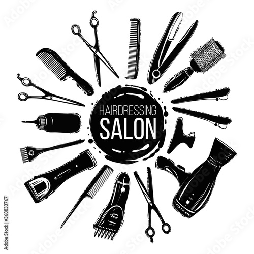 Black graphic hairdresser decorative set with beauty haircut accessories and equipment with round haircut salon logo in center. Beauty salon and barbershop background.