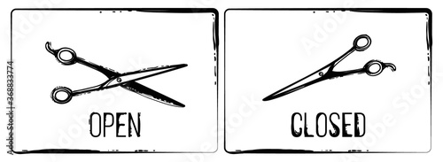 Open and Closed Signs with hairdressing scissors for beauty salons or shops.