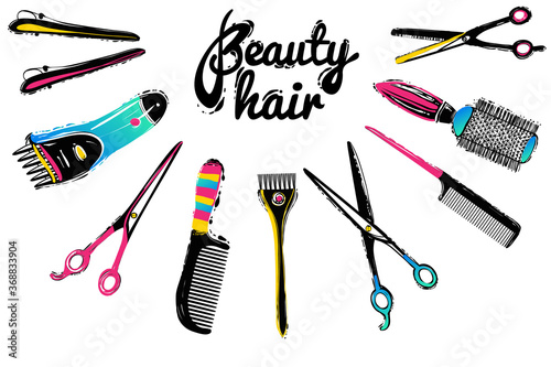Barber shop, haircut & beauty salons banners, flyers, cards template. Inspired by fashion professional hairdressers tools.Vector illustration. Isolated elements on white background