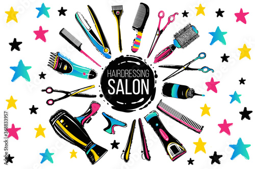 Barber shop, haircut & beauty salons banner, flyer, card template. Inspired by fashion professional hairdressers tools.Vector illustration. Isolated elements on white background