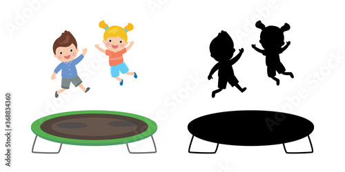 Two Cute kids jumping on trampoline and black silhouette template. Schoolboy and schoolgirl practicing sport activities.