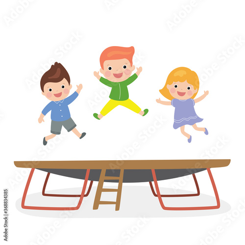 Cute caucasian kids jumping on trampoline. Various children practicing sport activities.