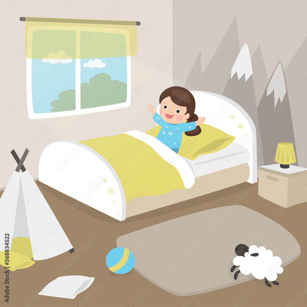 Obraz premium Little girl lies in bed. Cute female kid wakes up in the morning in her bedroom.