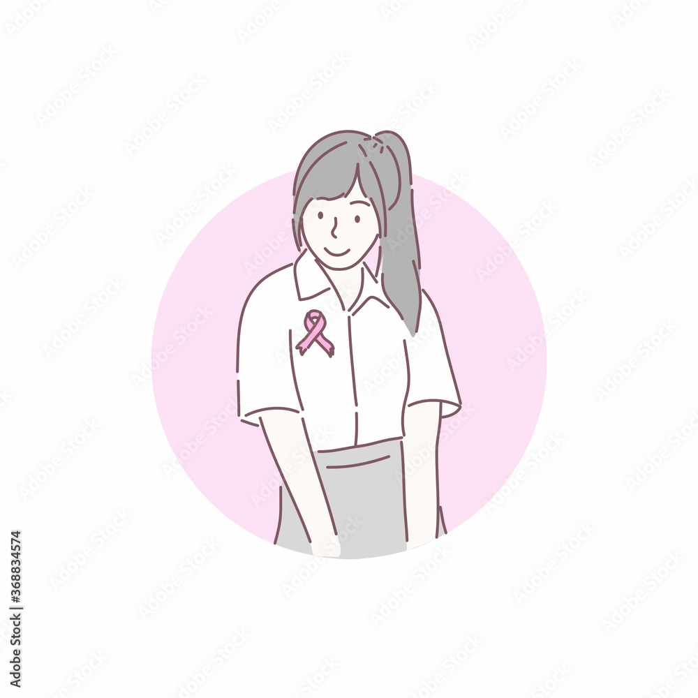 Pretty woman with pink ribbon. Breast cancer awareness concept. Hand drawn character style vector. Pretty woman with pink ribbon. Breast cancer awareness concept. Hand drawn character style vector.