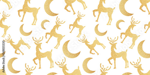 Golden seamless christmas pattern with christmas deer, moon on white background for fabrics, paper, greeting cards, business card, textile. Gold logo, golden icons