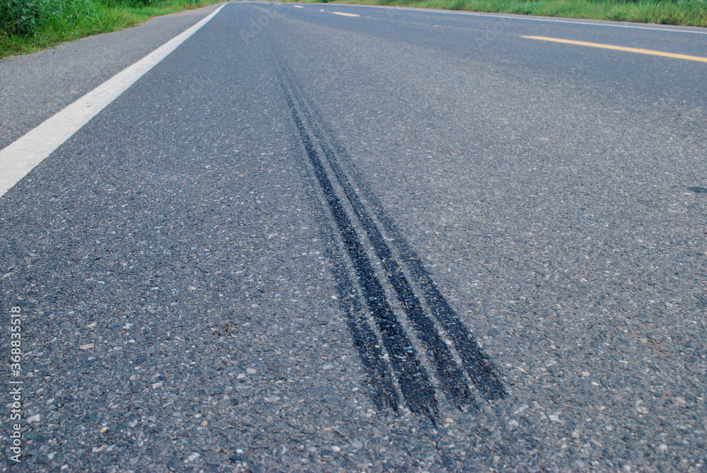 Brake footprints of tires on asphalt roads.