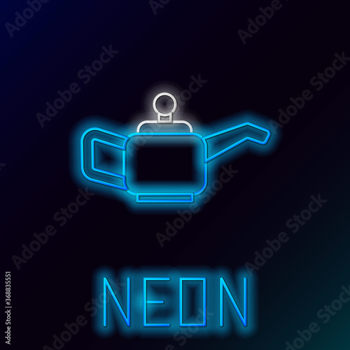 Glowing neon line Canister for motor machine oil icon isolated on black background. Oil gallon. Oil change service and repair. Colorful outline concept. Vector.