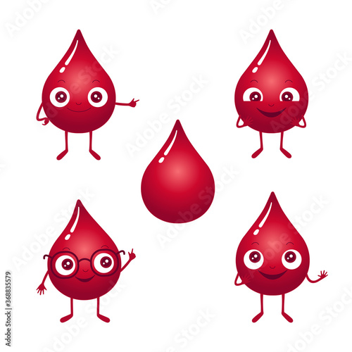 Vector illustration of red blood drops. Smiling drop cartoon characters. World blood donor day, medical blood test and donation concept. Smart drop in glasses, signing to the side, looking up.