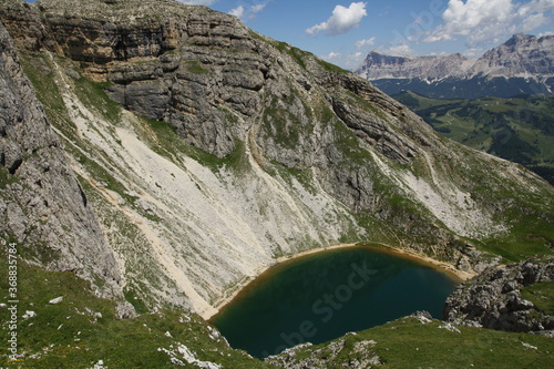 Lake of Boe, a little alpine lake in Dolomite mountain in Alta Badia, Alto Adige, Italy