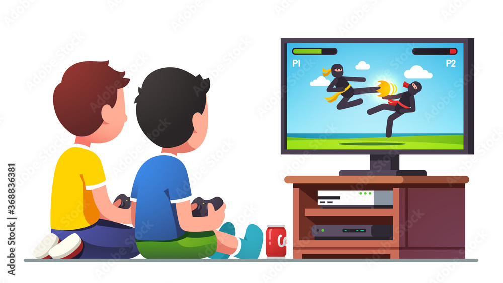 Boys kids sitting at tv screen with controllers