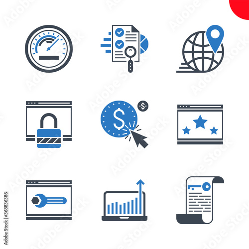 SEO Related Vector Glyph Icons Set. Audit, keywording, growth traffic, ranking, efficiency, pay per click, web security, local seo, website optimization Editable