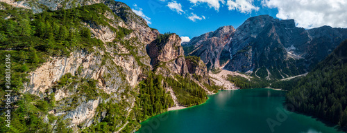 Aerial view of the Lake Braies, Pragser Wildsee is a lake in the Prags Dolomites in South Tyrol, Italy. View of Croda del Becco mountain in the background