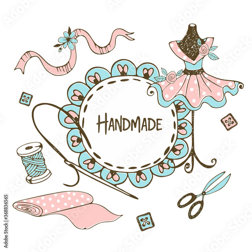 Cute frame with ruffles in Doodle style with a tailor mannequins . Vector.