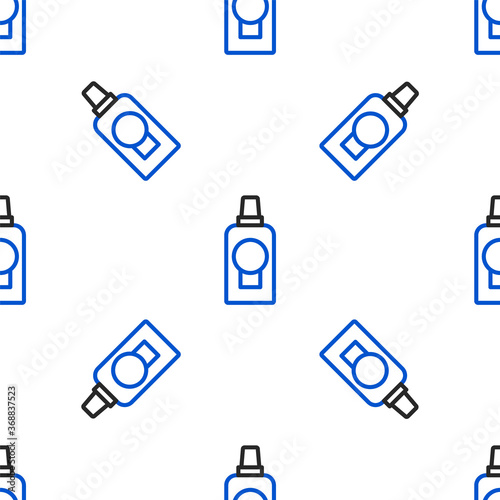 Line Mouthwash plastic bottle icon isolated seamless pattern on white background. Liquid for rinsing mouth. Oralcare equipment. Colorful outline concept. Vector.