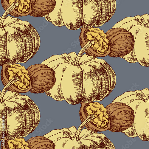 Autumn harvest seamless pattern. Pumpkin and walnuts background