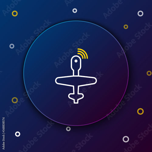 Line UAV Drone icon isolated on blue background. Military Unmanned aircraft spy. Colorful outline concept. Vector.