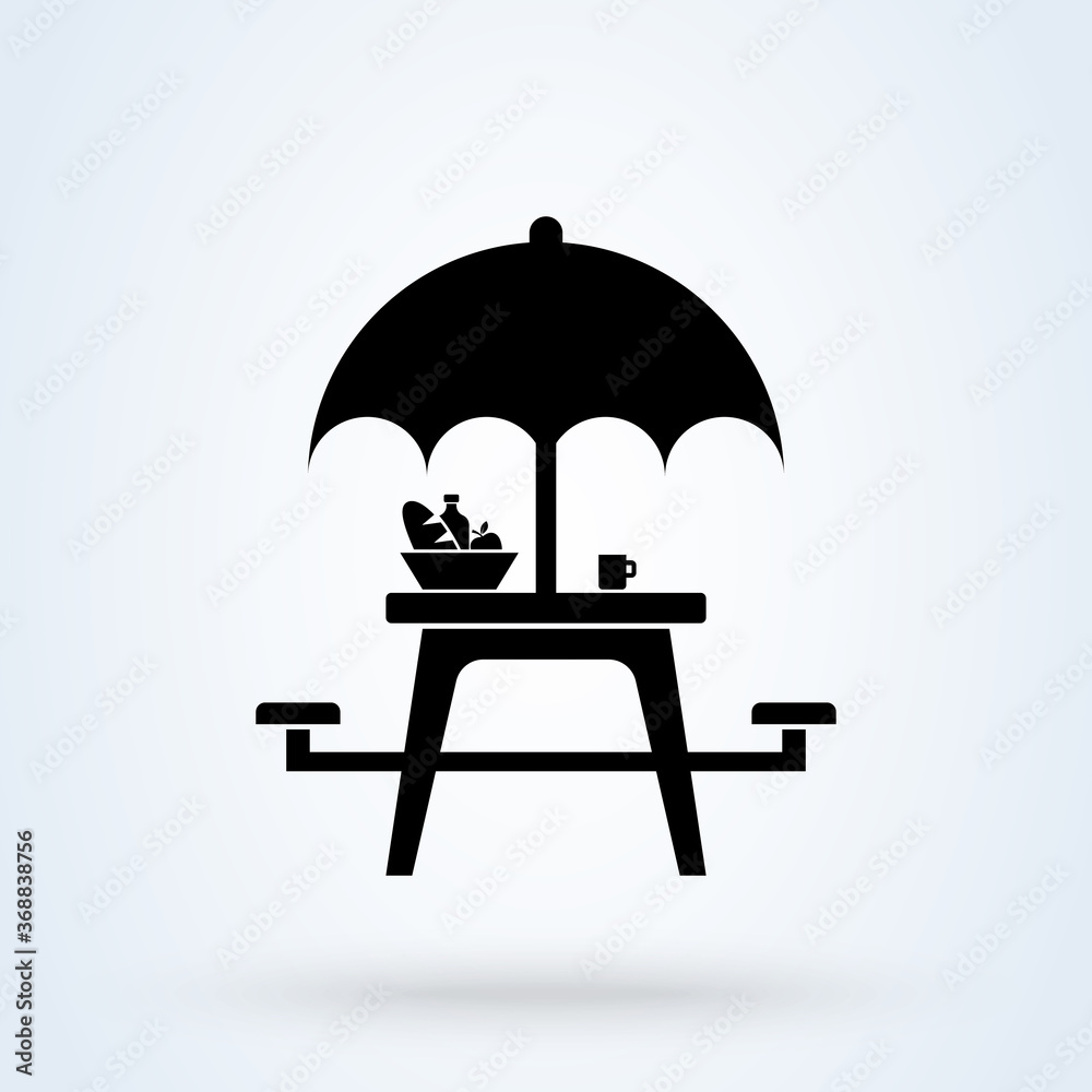 Vector illustration of a picnic in the park. table with umbrella ...