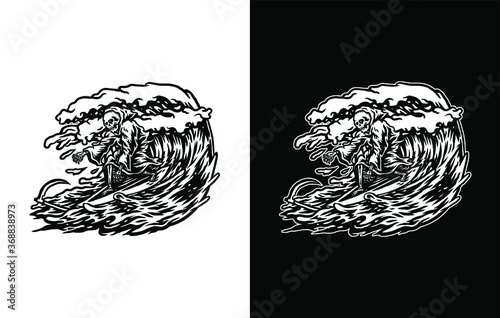 Vector illustration of grim reaper surfing, isolated on dark and bright background