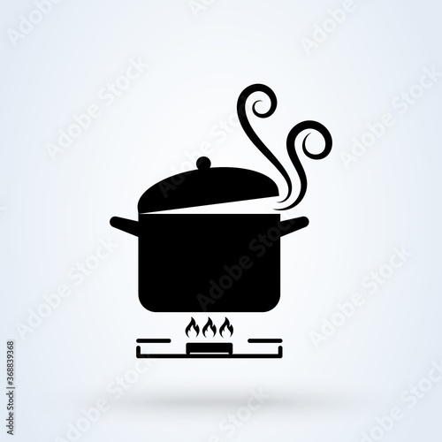 Cookware on gas stove. Pans with boiling water, opened and closed pan lid on gas stove, fire and steam, vector illustration.