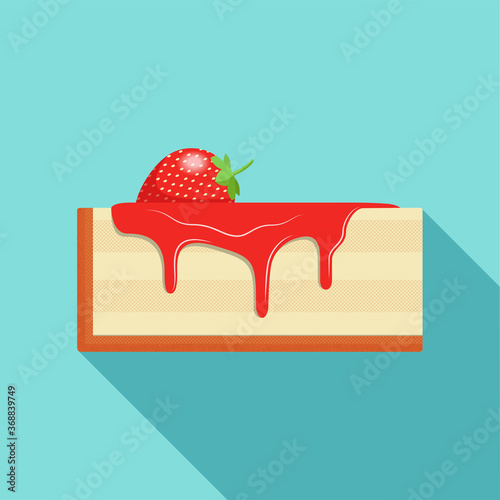 Delicious piece of cheesecake decorated with fresh strawberries and fruit syrup. The syrup drips from a piece of cake. vector flat design illustration