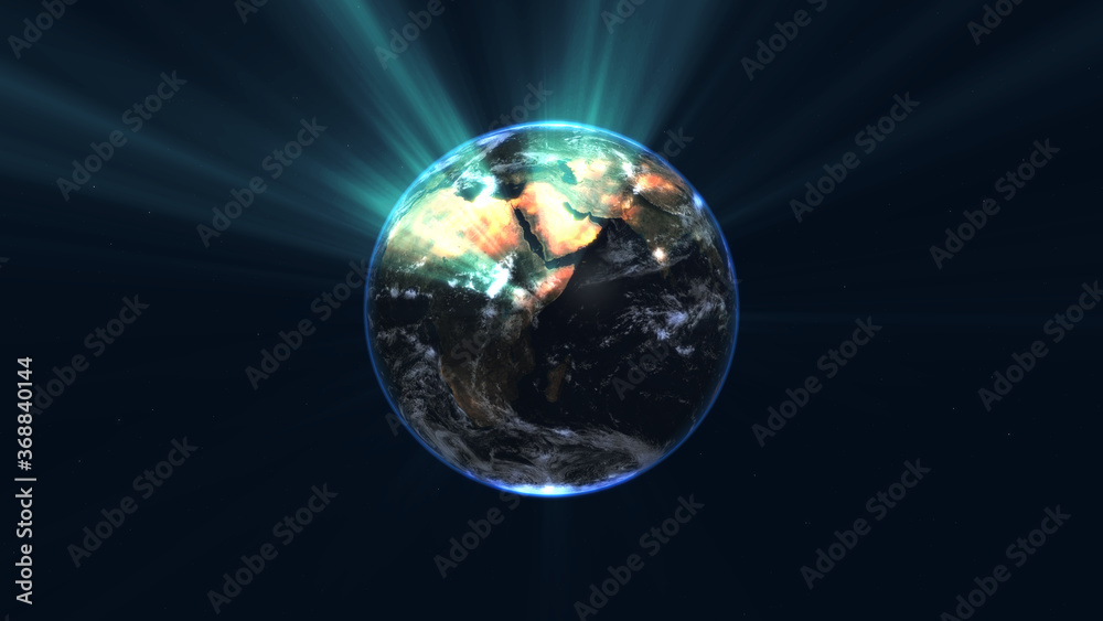 Fototapeta premium earth globe with glowing details and light rays. 3d illustration.