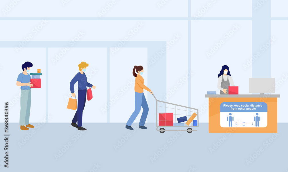 Title: Social distancing, People wait in line for paying at shopping mall , keep distance for 2 centimetres, health protection, new normal,vector illustration Title: Social distancing, People wait in line for paying at shopping mall , keep distance for 2 centimetres, health protection, new normal,vector illustration