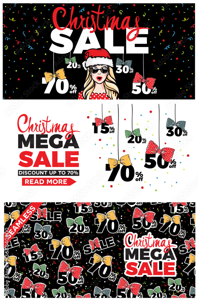 Christmas sale banner design. Beautiful attractive blonde haired Santa girl in sunglasses and christmas hat with shopping bags and confetti. Modern lettering and caligraphy. Up to 30% 20% 50% 70% off.
