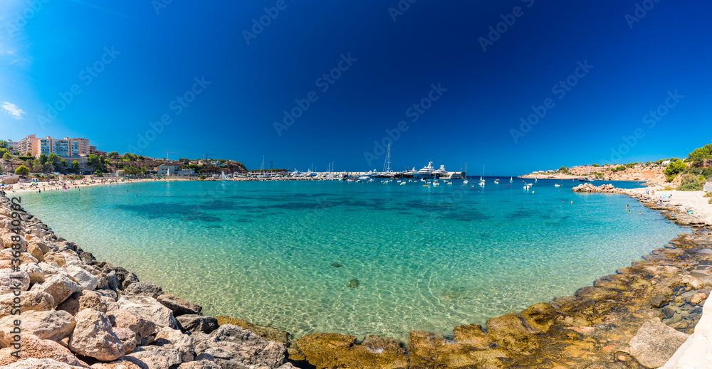 Port Adriano beach in summer, El Toro, Majorca, Balearic Islands, Spain
